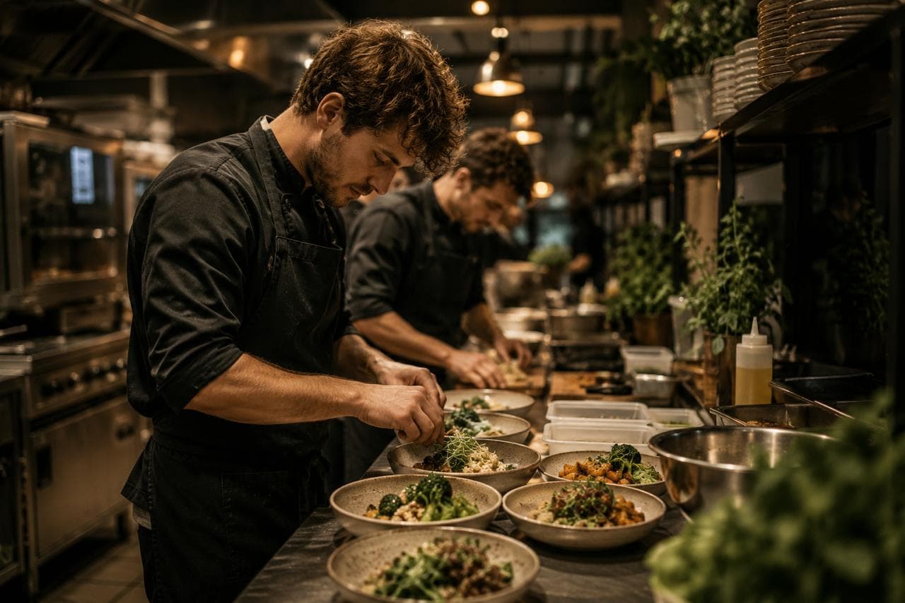 Koks maken in de keuken verse maaltijden op in kommen