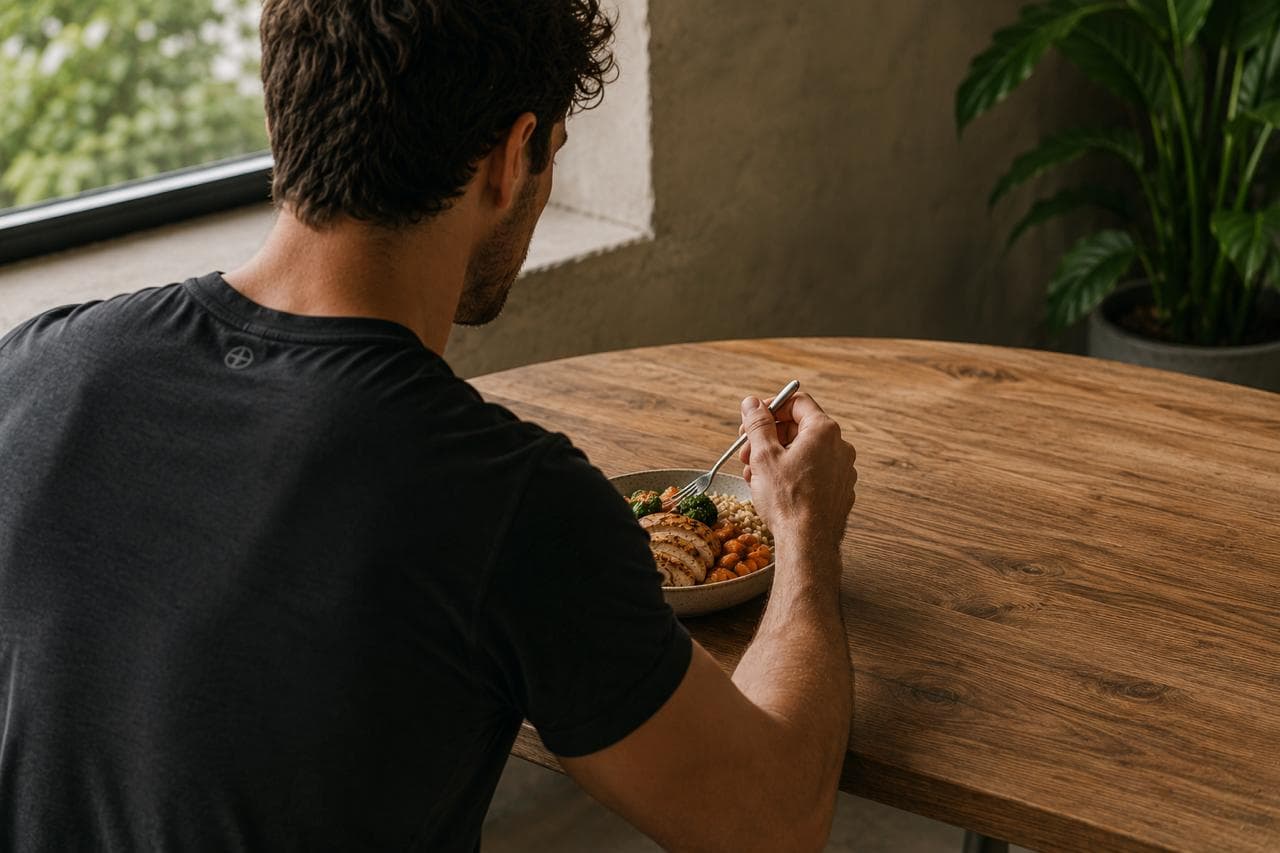 Man in sportshirt eet een verse ROOTS-maaltijd aan tafel