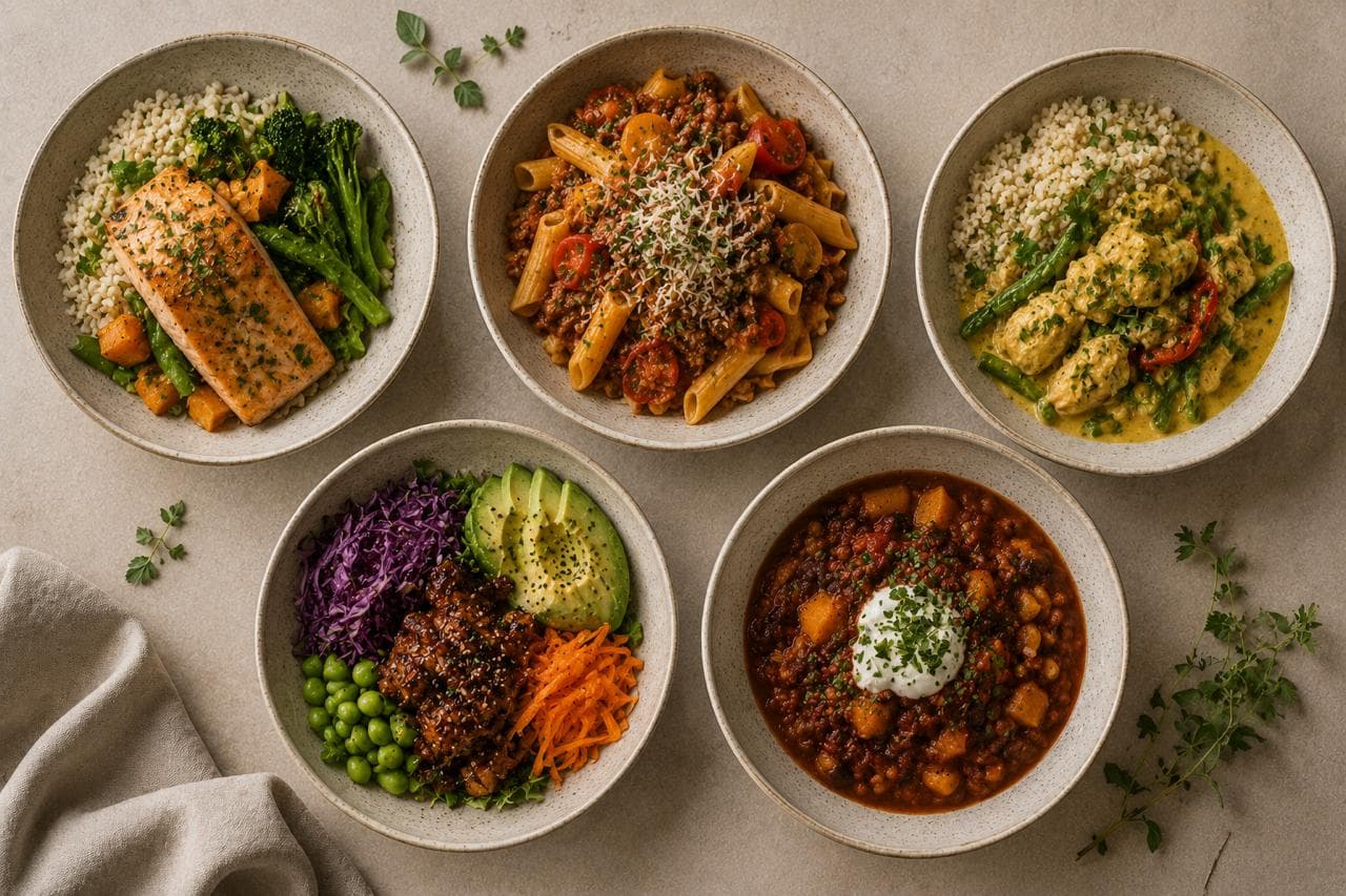 Vijf ROOTS-maaltijden van bovenaf: zalm met couscous, pasta bolognese, kipcurry, een groentebowl en een stoofpot